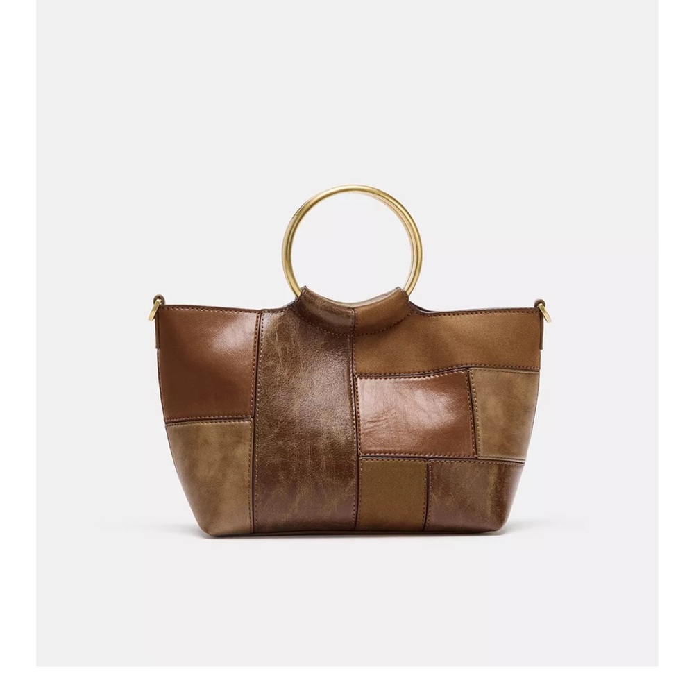 VIRAL ZARA Brown Patchwork Quilt Leather Rigid Gold Ring Handle - new fall 2026